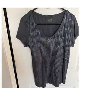 Ann Taylor LOFT Gray Sequin V-Neck Short Sleeve Blouse Top Medium